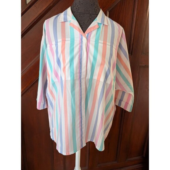 Vintage Pyramid Pastel Striped Button-Up Blouse With 3/4 Sleeves Pointed Collar - Picture 1 of 7